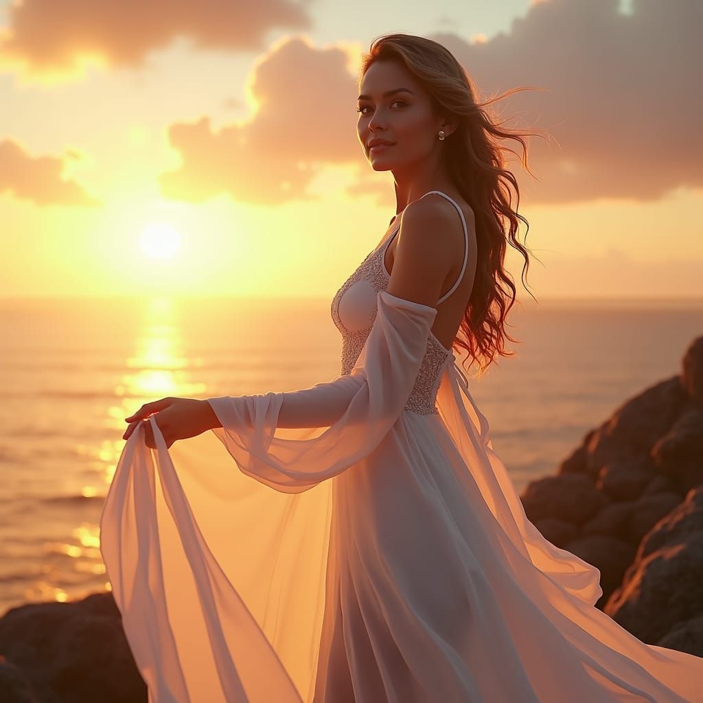 Woman Fading into Sunset Breeze: Fantasy Concept Art