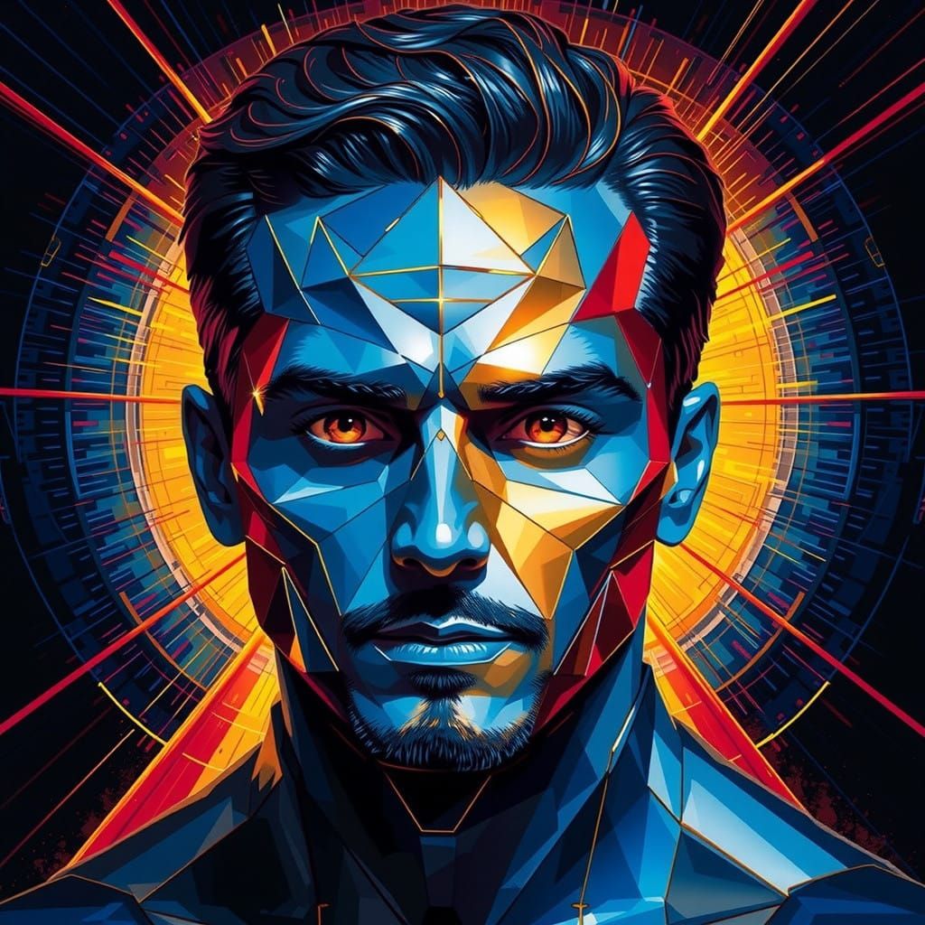 Hyper-Realistic Portrait of a Man in Geometric Glass Mirrors...