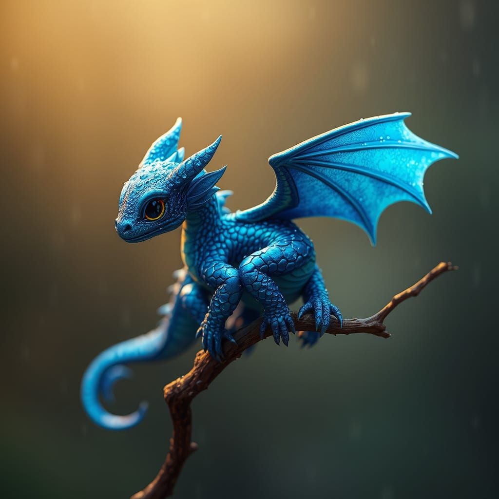 Iridescent Blue Dragon in Rainy Landscape