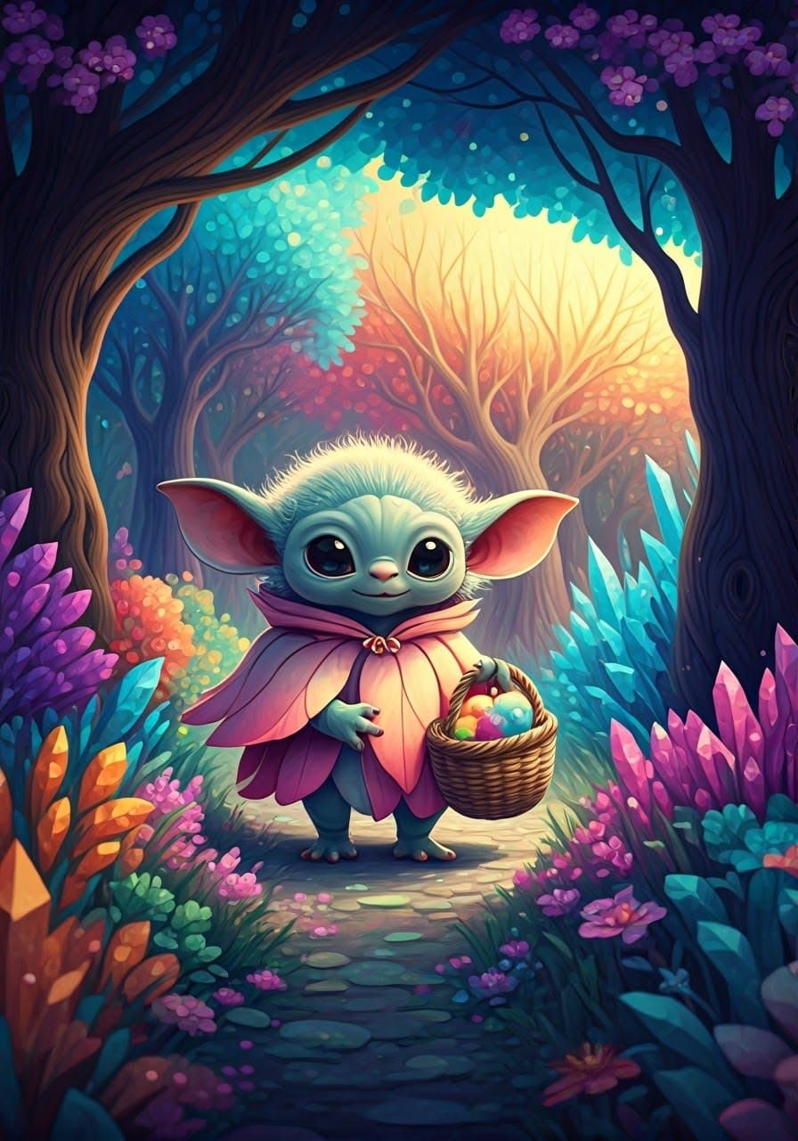 Alien Creature Gathers Fruit in Surreal Orchard