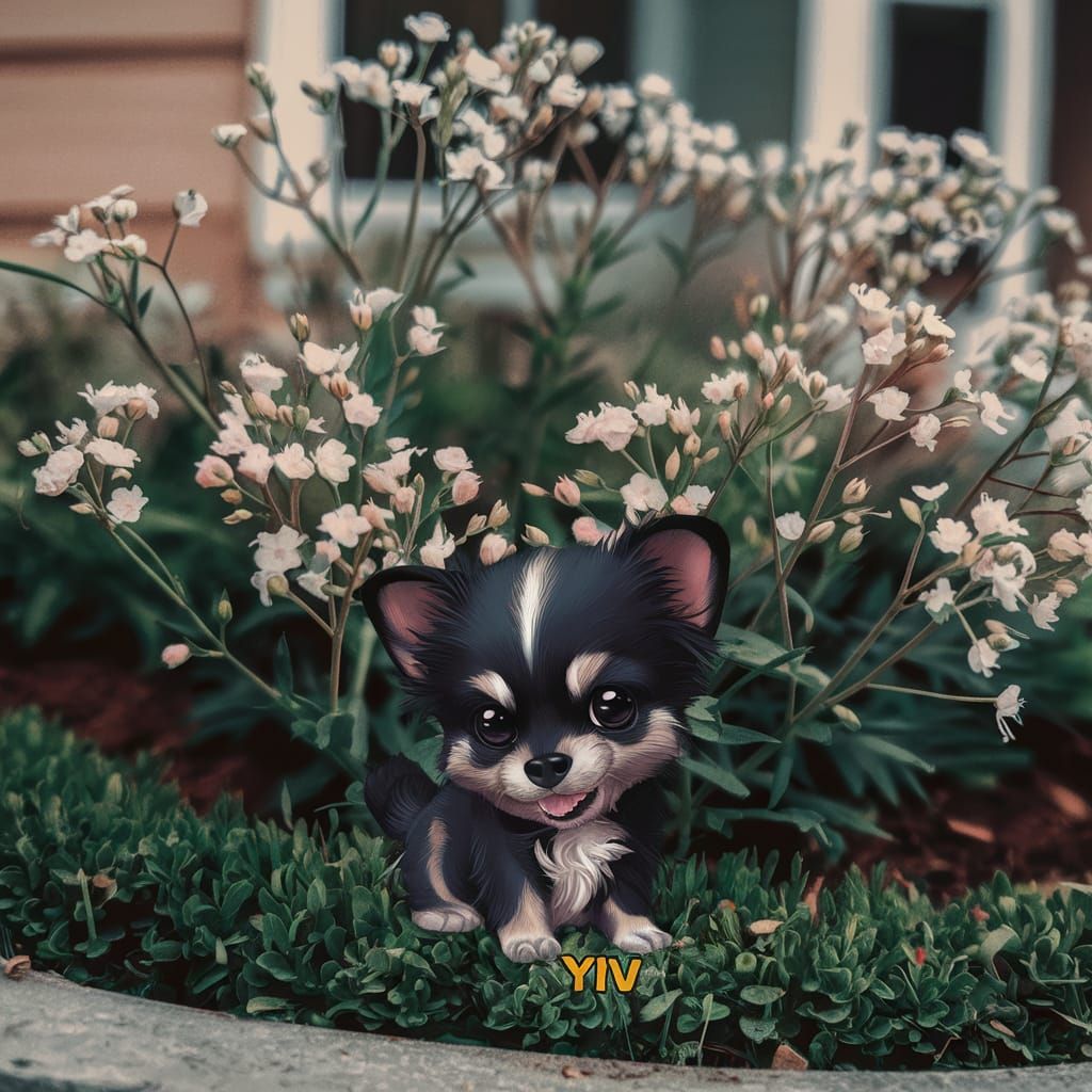 Charming Cartoon Chibi Dog in Flower Bed