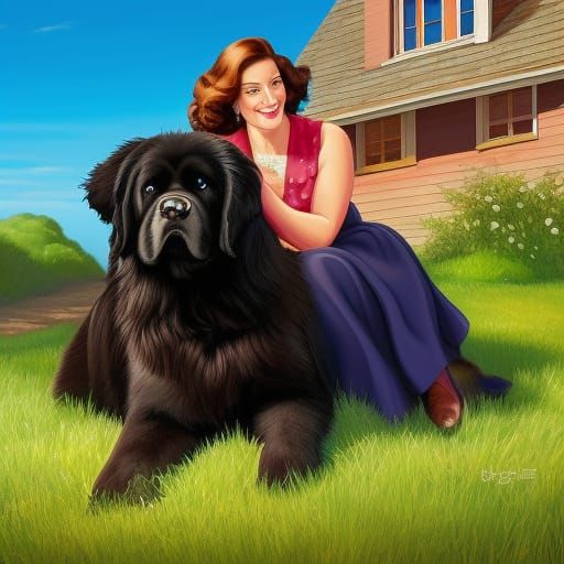 Housewife and Newfoundland Dog Portrait in Cel Shading