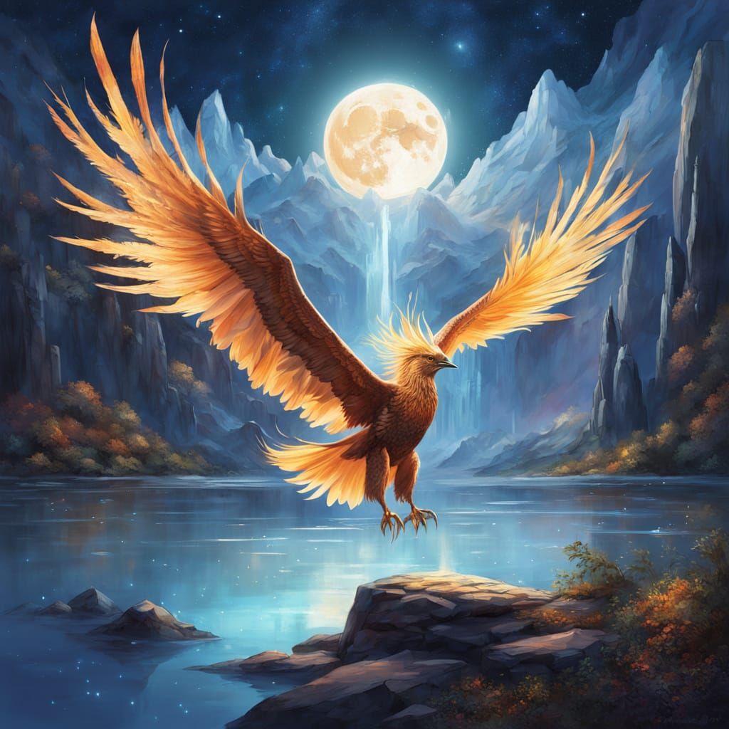 Celestial Phoenix Soars Under a Full Moon
