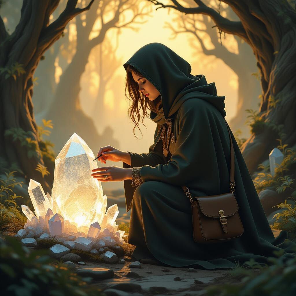 Crystallized Figure in Mystical Forest, Fantasy Art