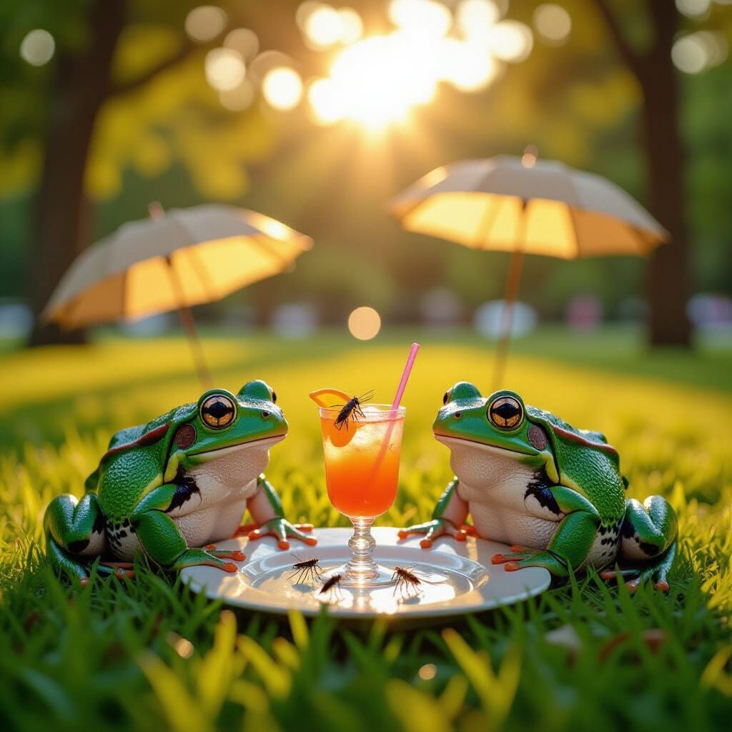 Surreal Frogs Enjoying Cocktails in City Park