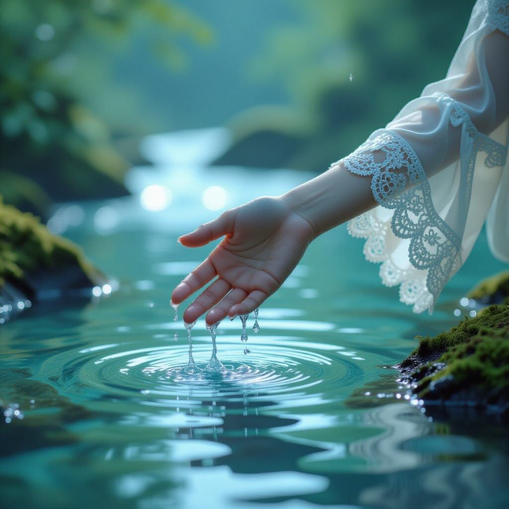 Ethereal Hand Reaching into Crystal Stream