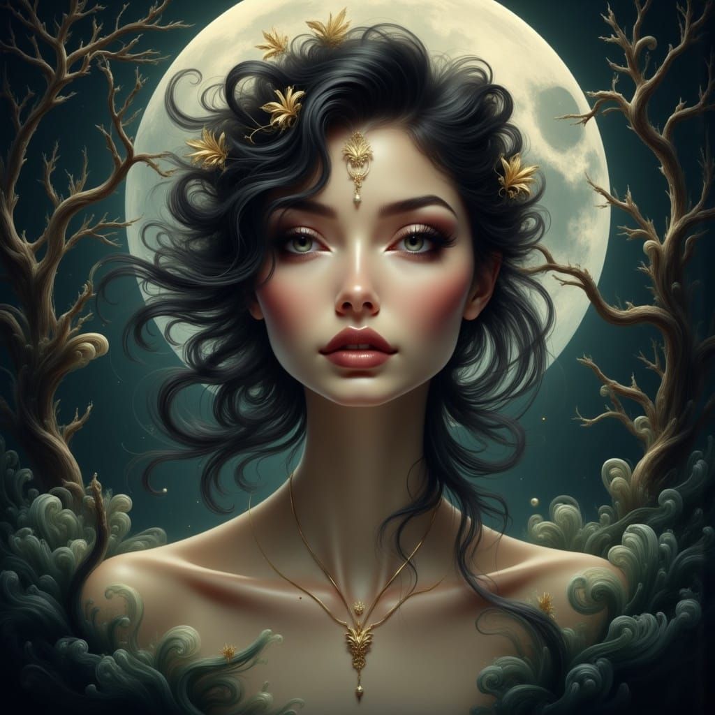 Surreal Portrait of a Woman Lost in Lunar Magic