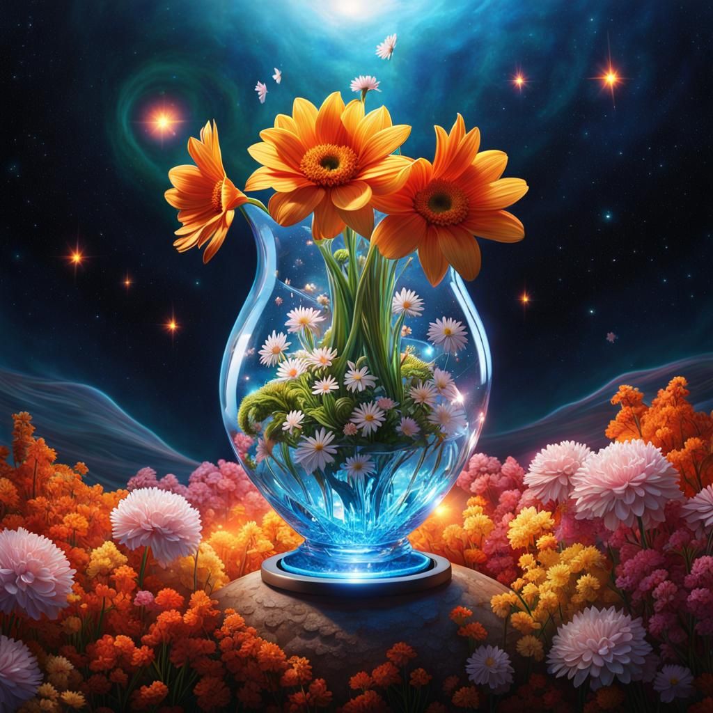 Fantasy Sci-Fi Vase of Elemental Flowers in Space
