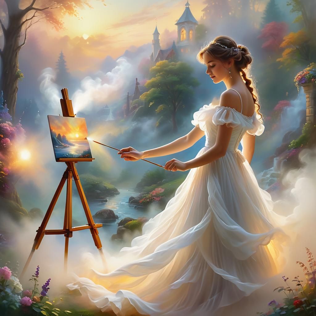 Ethereal Woman Painting a Canvas in Golden Light