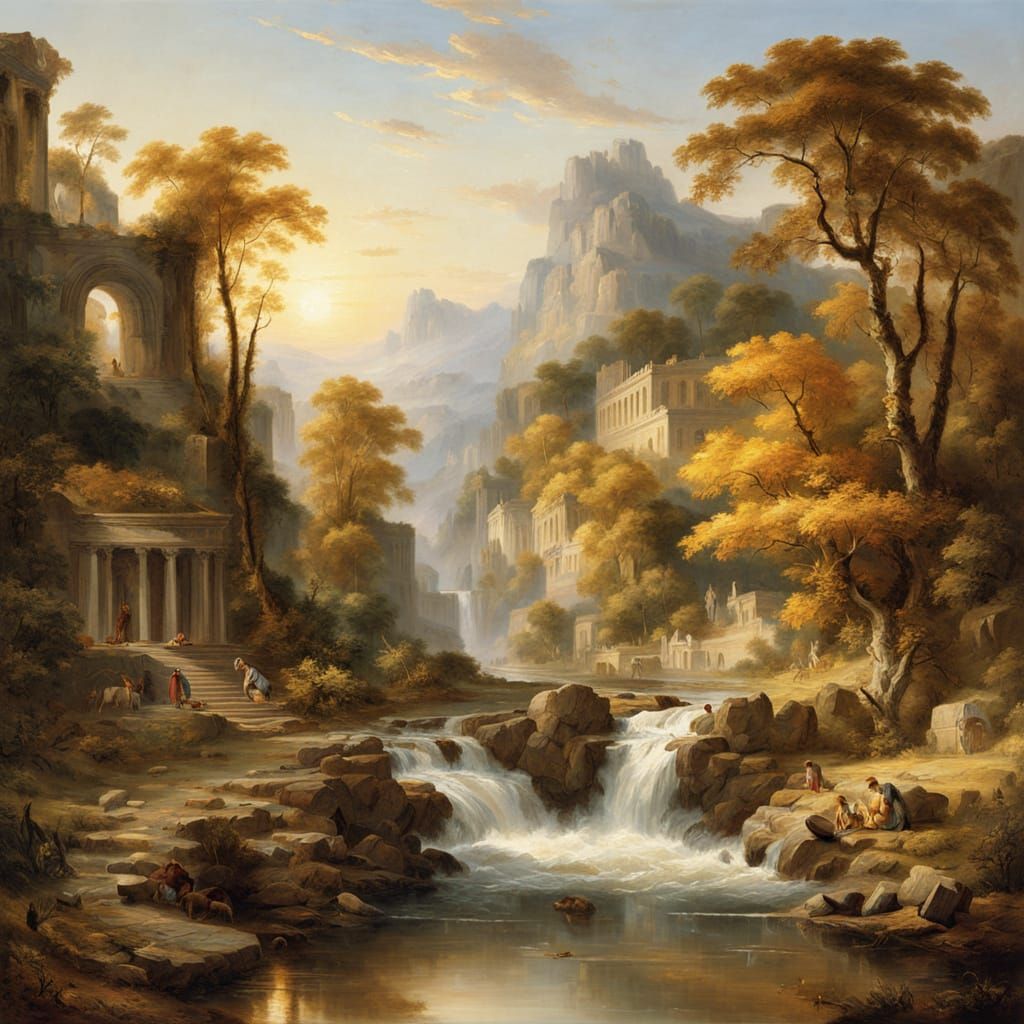 Classical Hero in Idyllic Greek Landscape with Waterfall