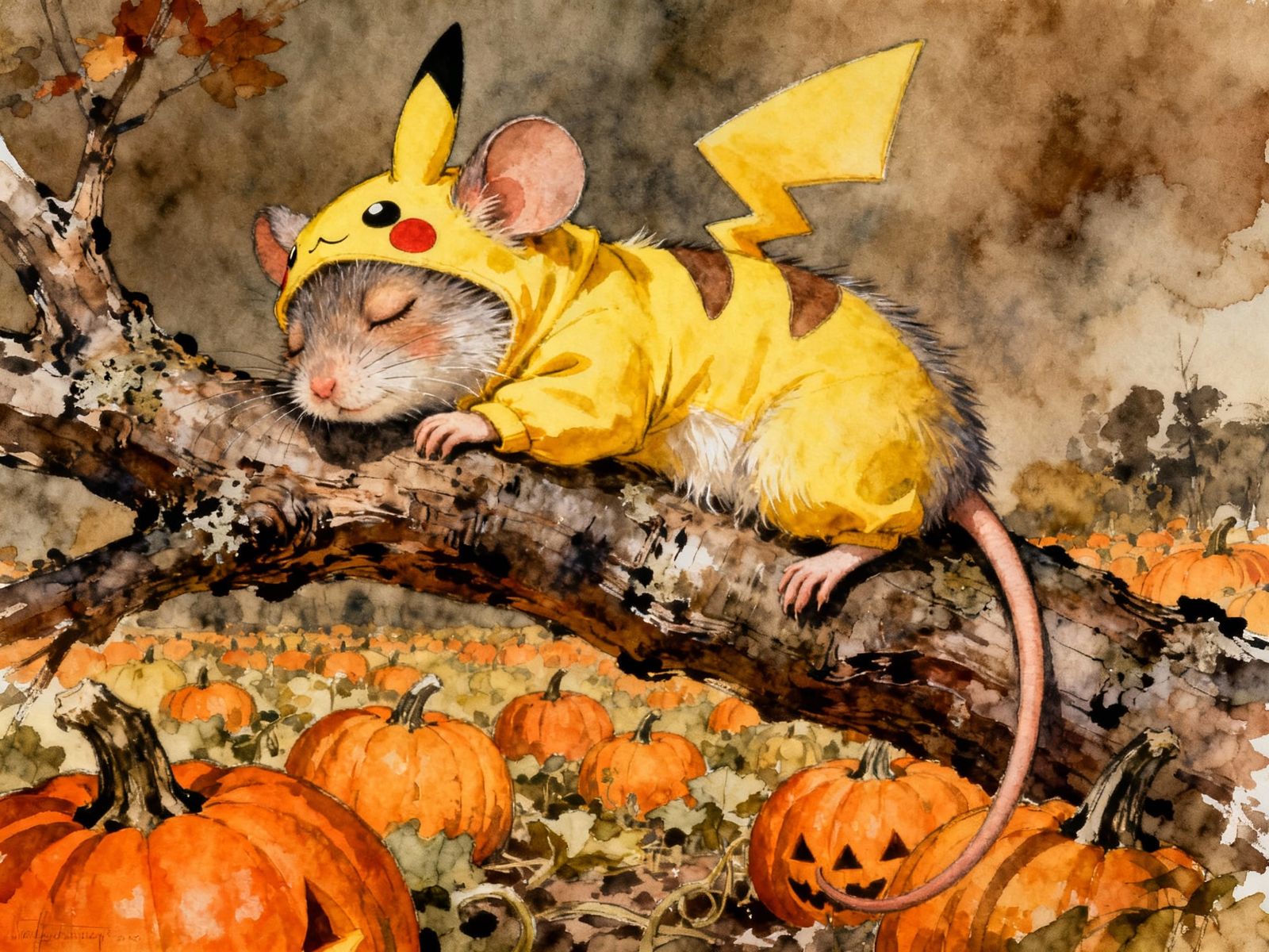 Cute Fluffy Mouse Dressed as Pikachu Sleeping on Branch