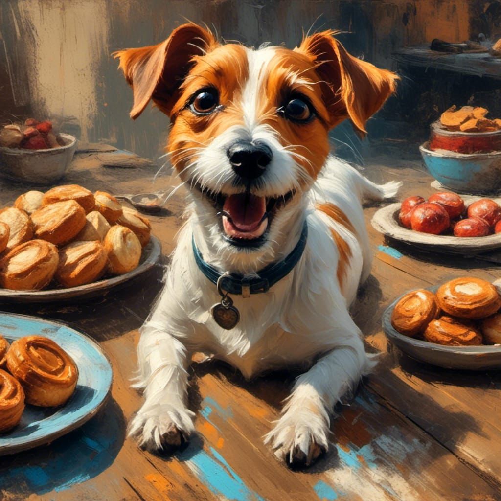 Excited Jack Russell Terrier and Baked Goods as Oil Chalk Pa...