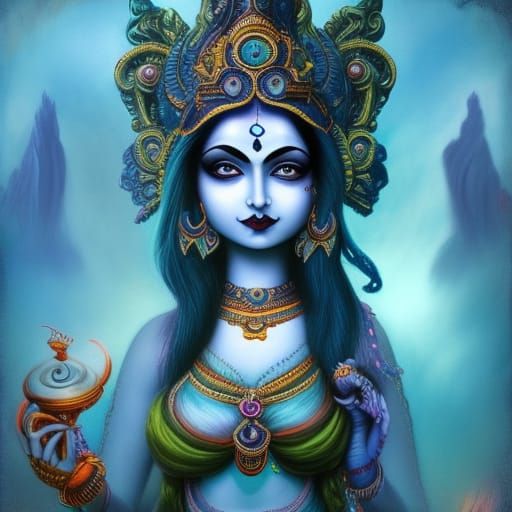 Blue Hindu Goddess in Gothic Art Style
