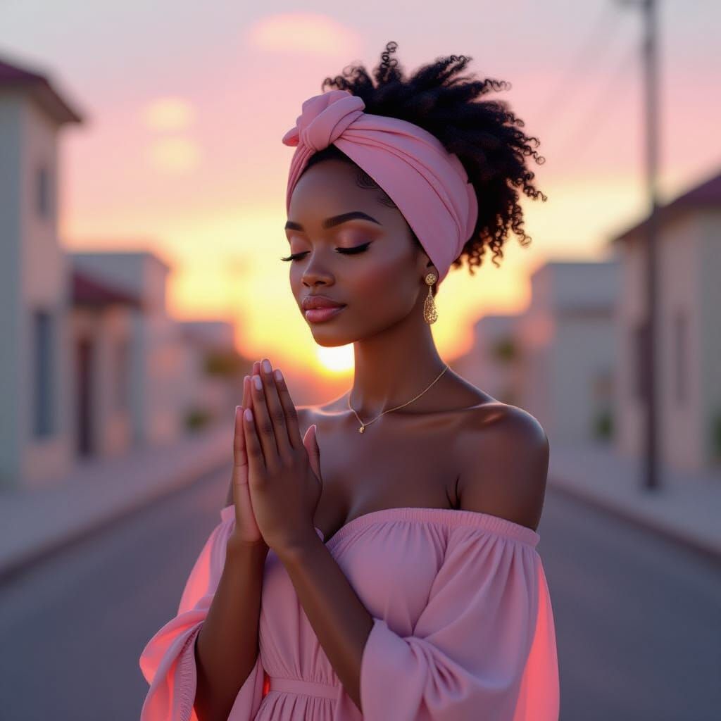 Peaceful Sunrise Prayer Portrait in Digital Art Style