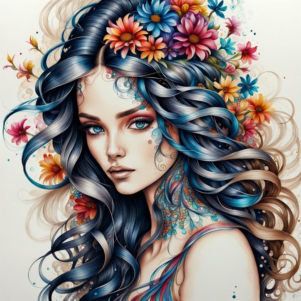Woman with Floral Hair: Ink and Watercolor Fantasy