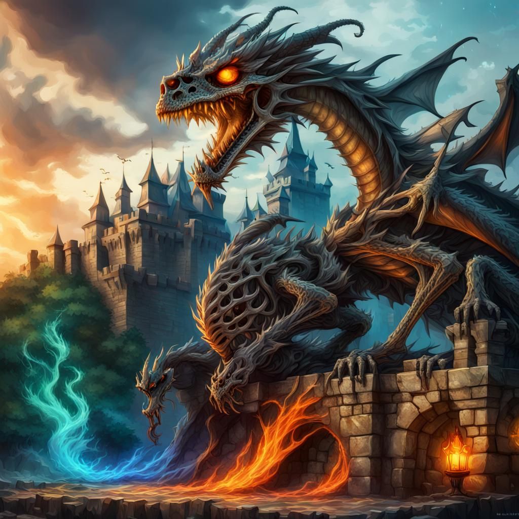 Hyperrealistic Dragon Lich on Castle Concept Art