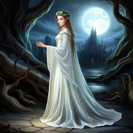 (elf:1.2) 1girl, flowing white dress, white cloak, flowing, (fabric with intricate pattern:1.2), (insanely detailed:1.2)...