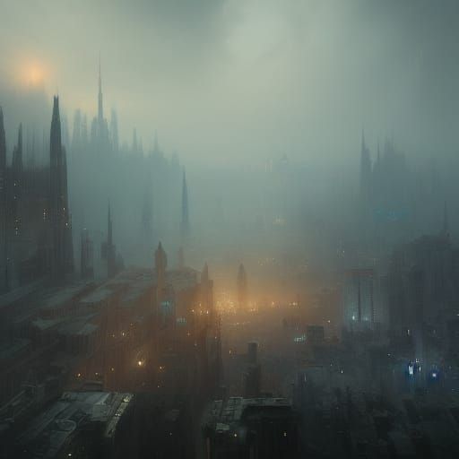 Dark Fantasy Cityscape in Art Nouveau Style