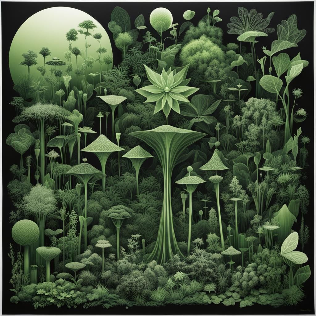 Green Fairies in Surreal Rayograph Landscape