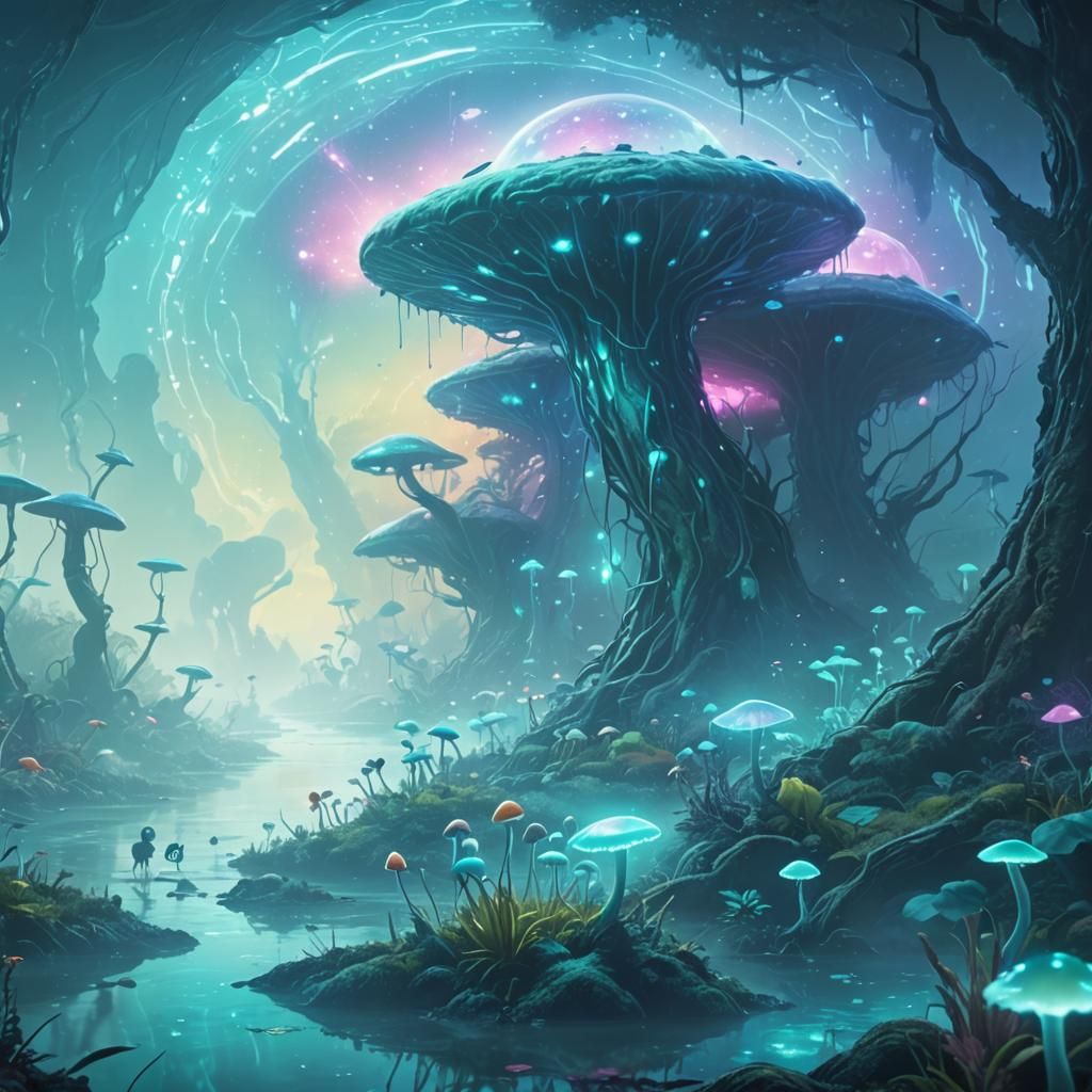 Colorful Alien Creatures in Bioluminescent Swamp