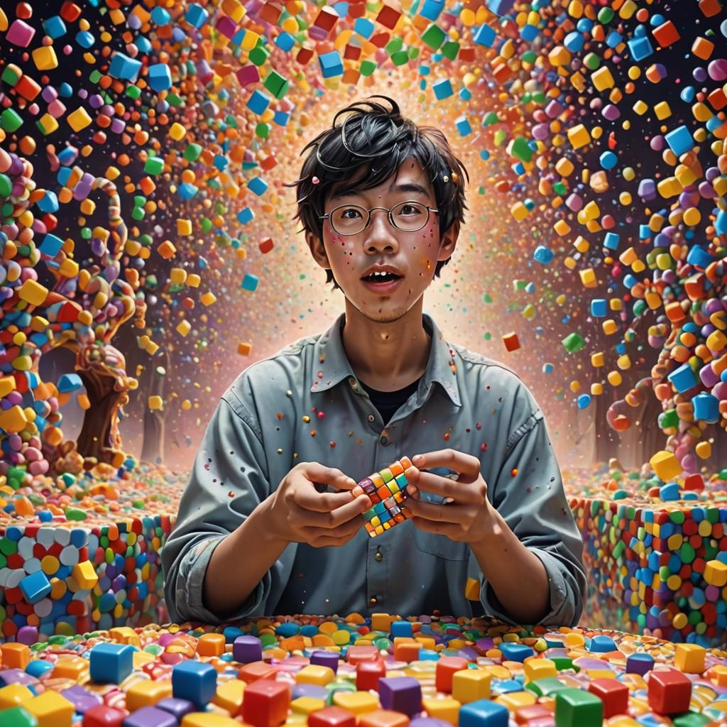 Surreal Candy Land: Man Eating Rubik's Cubes