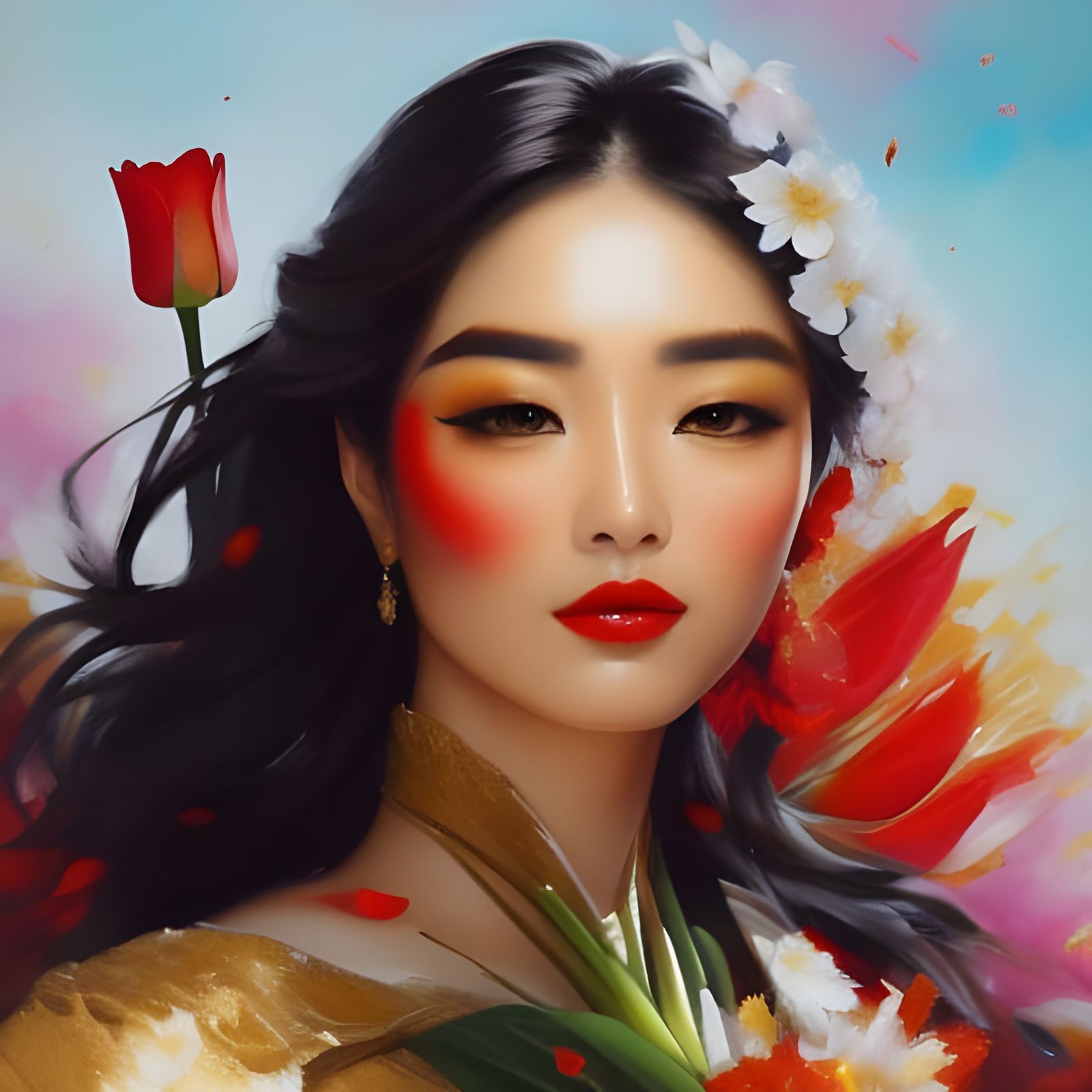 Woman with Red Tulips in Vibrant Oil Painting