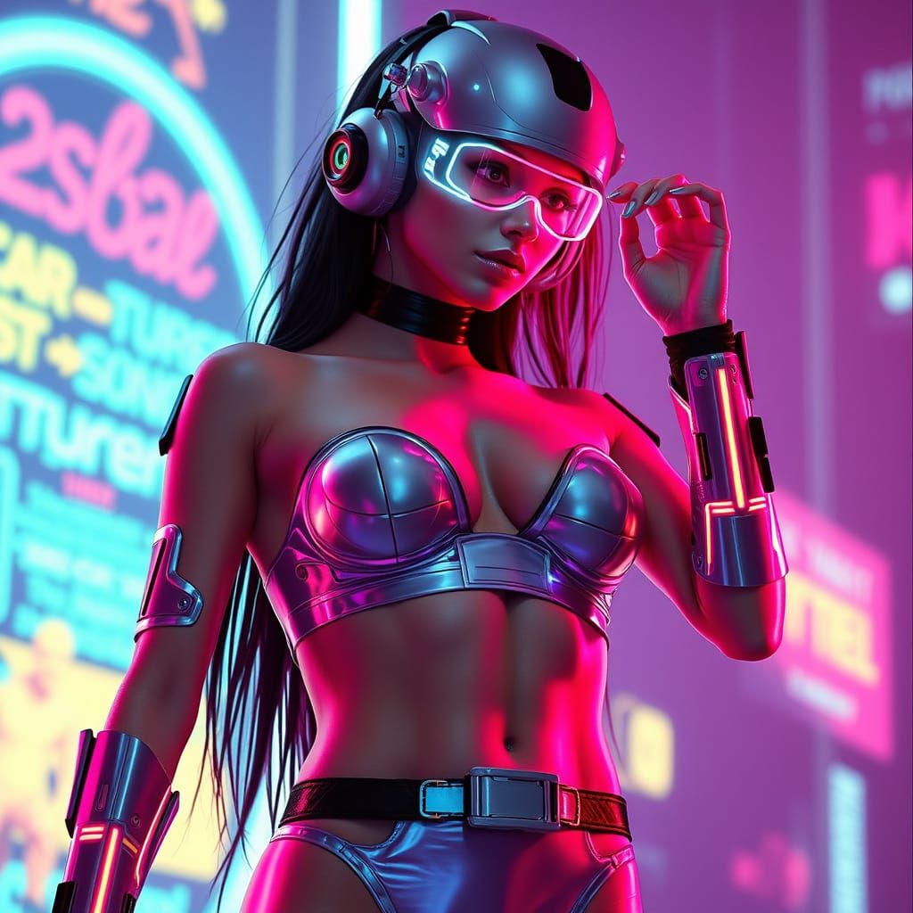Cybernetic Woman in Synthwave Neon Retro Style