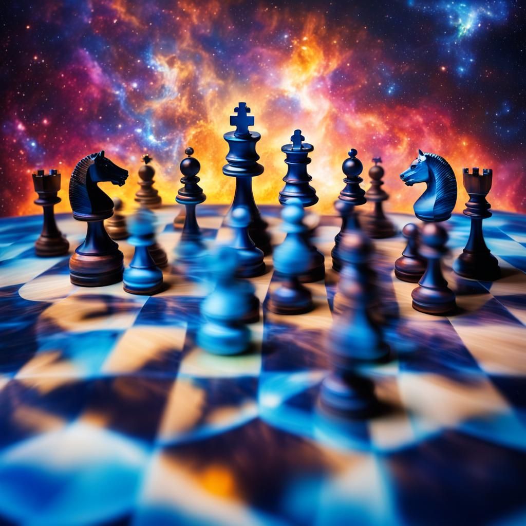 Chess Pieces in Motion Above Earth Galaxy
