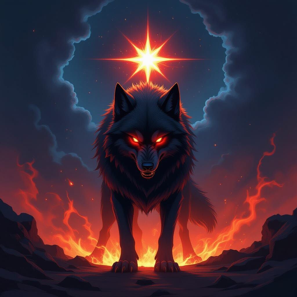 Fearsome Hellhound Amidst Cosmic Vortex and Pulsating Star
