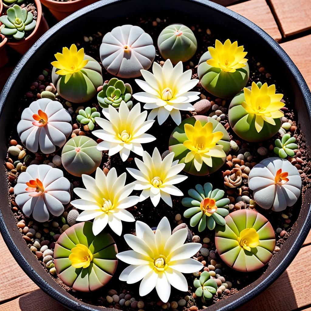Lithops Blooming in Pot: A Botanical Still Life