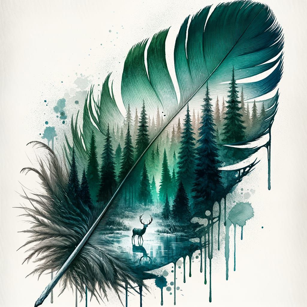 Ethereal Nature's Canvas: Eagle's Feather Amidst a Rainy For...