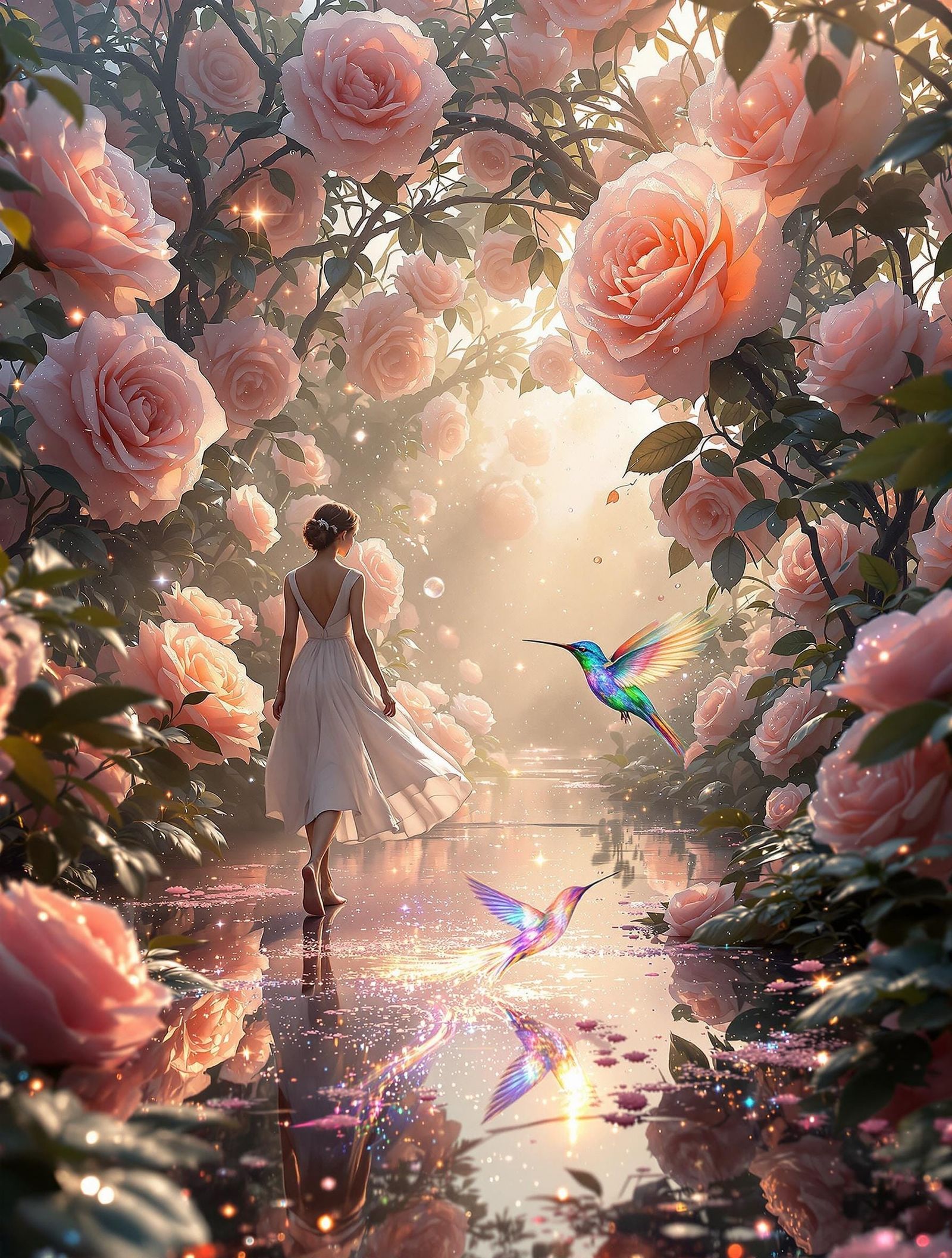 Enchanted Dawn Rose Garden with Hummingbird