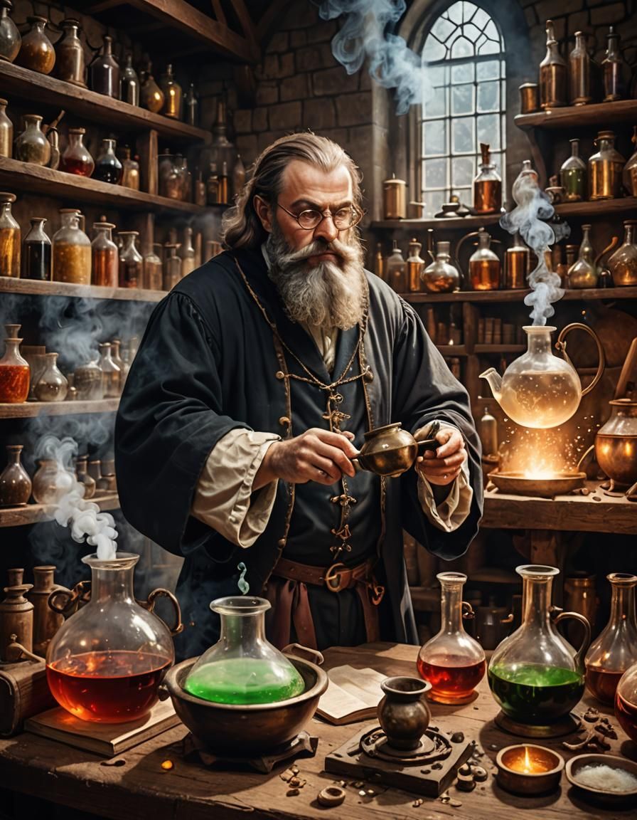 Medieval Alchemist in Laboratory