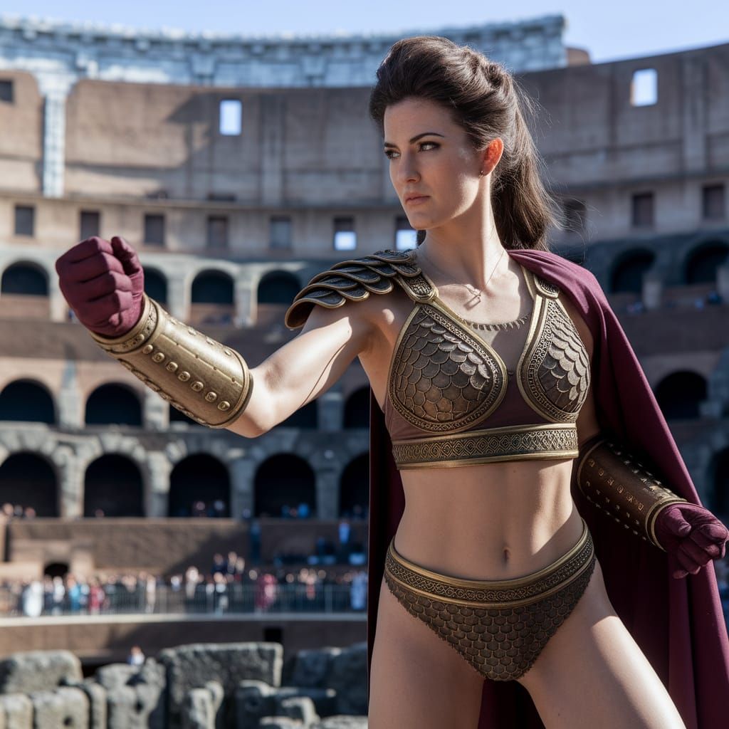 Woman in Bikini Roman Armor Fights in Colosseum