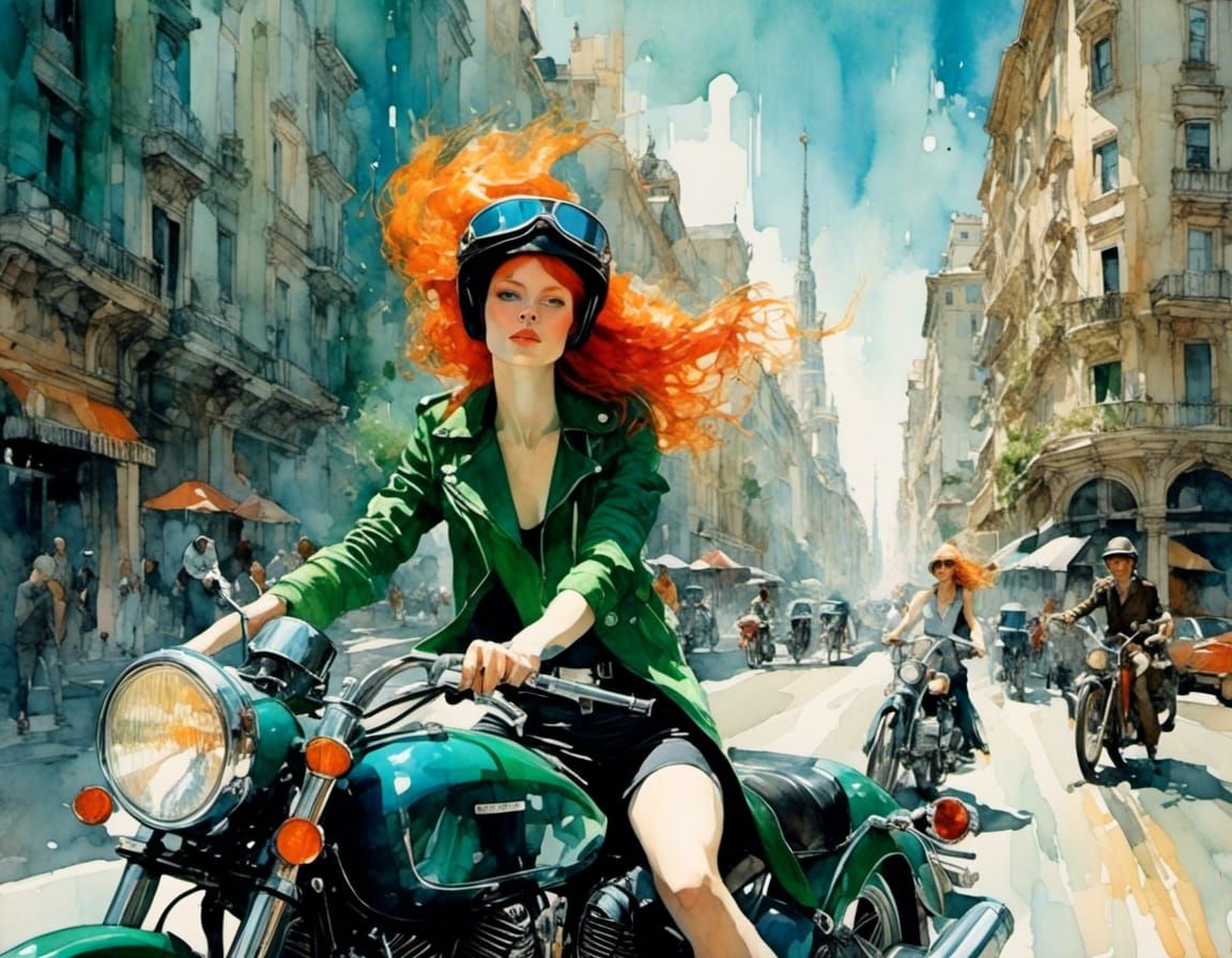 Redhead Biker Girl Portrait in Watercolor Style
