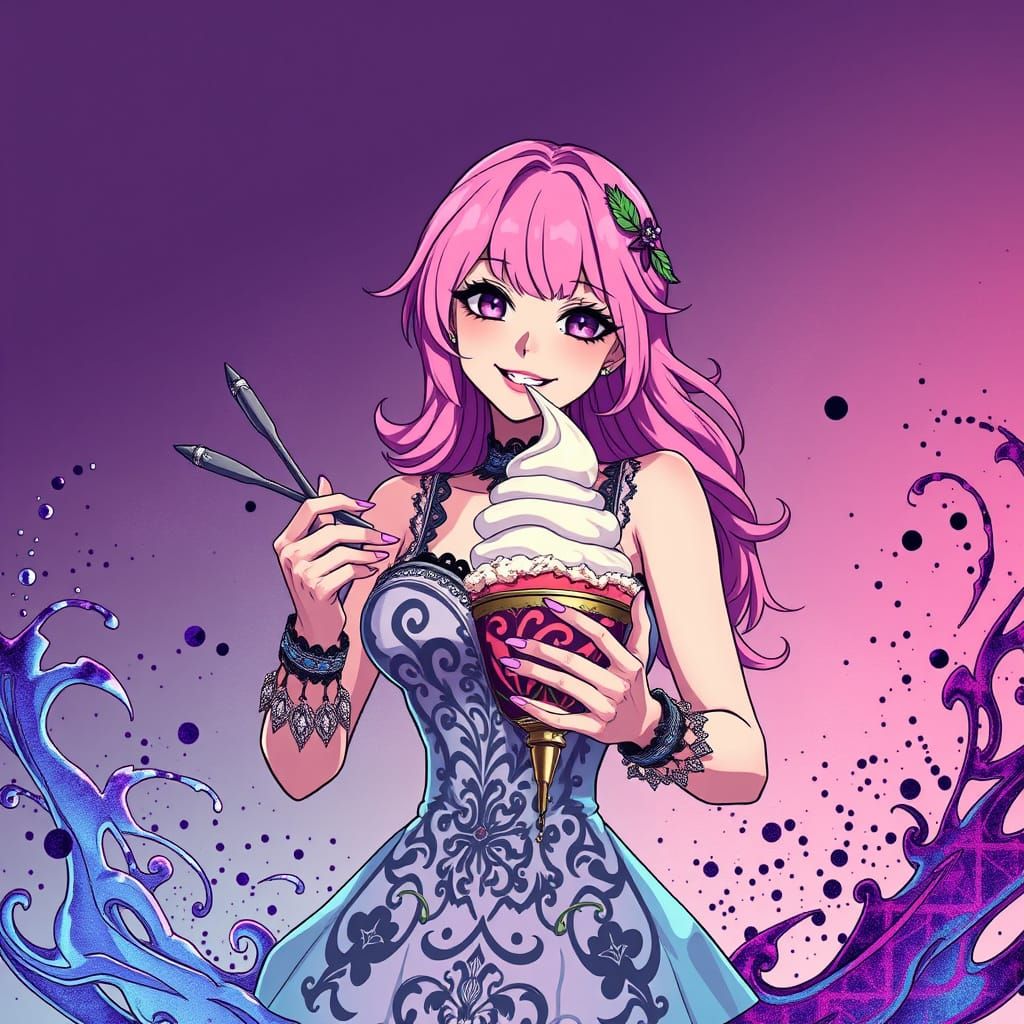Pink-Haired Woman Crafts Sundae in Anime Style