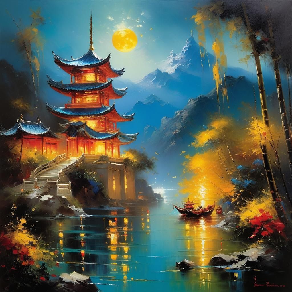 Fantasy Landscape with Fire Spirals in Guohua Style