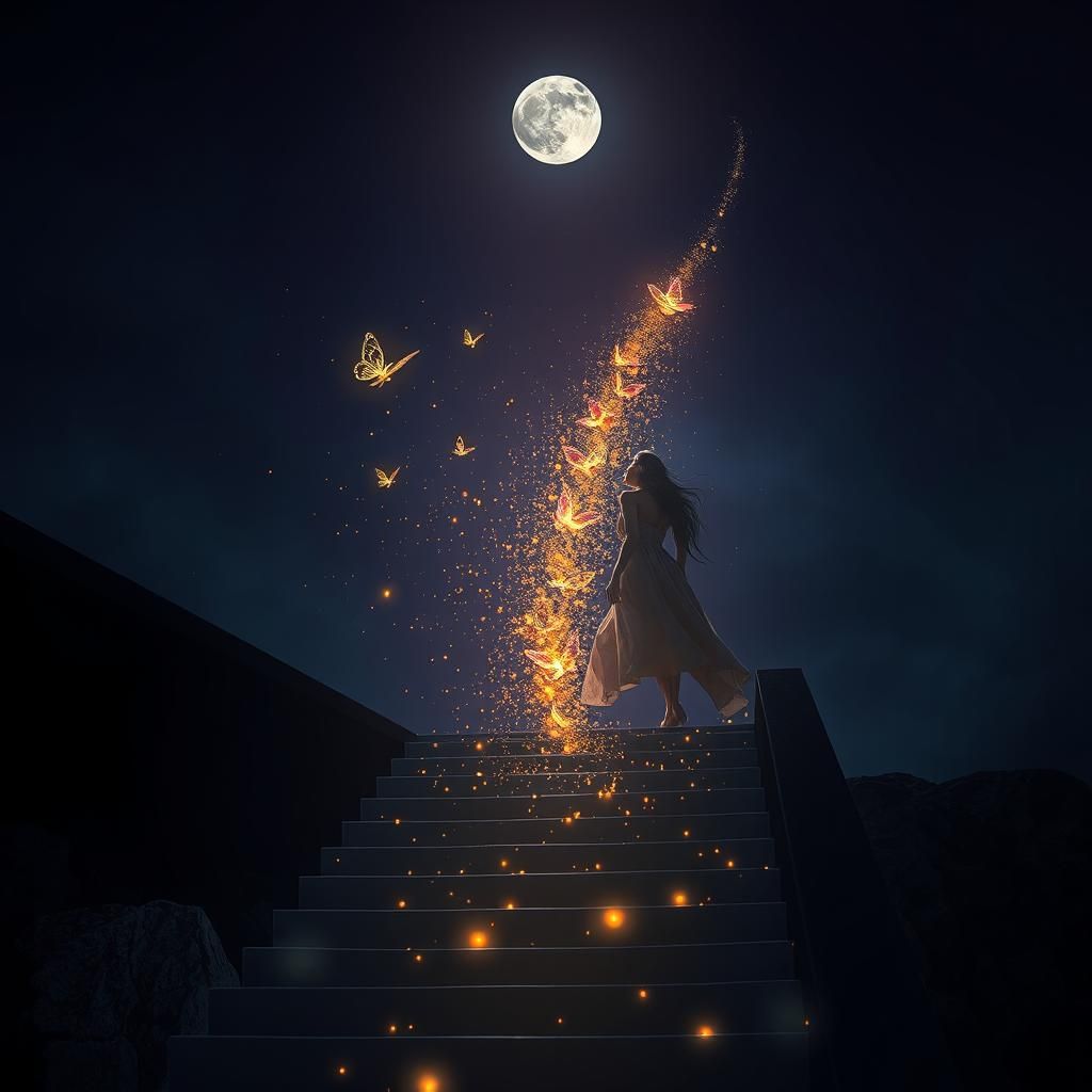 Woman Ascending to Night Sky with Light Butterflies