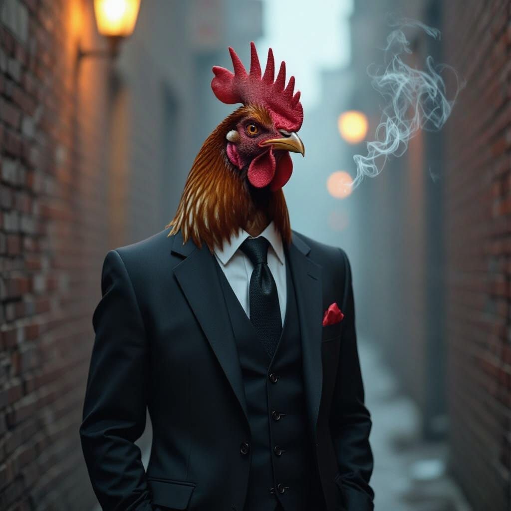 Noir Chicken Mobster in Dim Alleyway