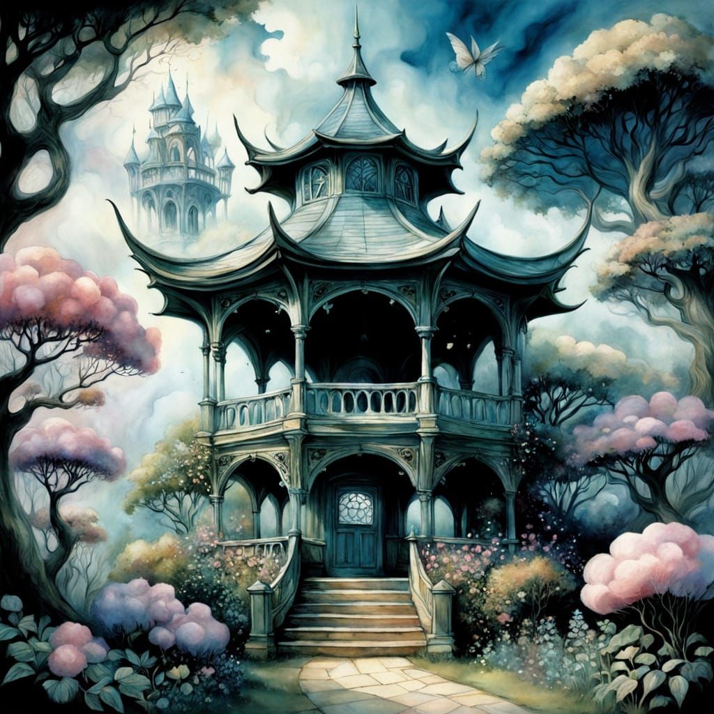 Whimsical Watercolour Garden Scene with Fractal Clouds and F...