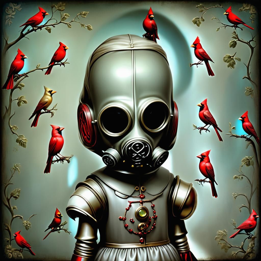 Girl with Gas Mask, Cardinals and Crows in Surreal Style