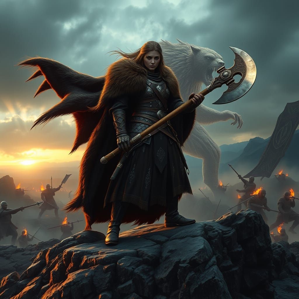 War Goddess Andarta Stands Vigilant on a Rocky Peak