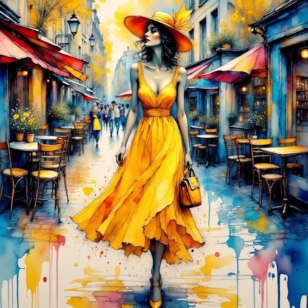 Lady in Yellow Strolls Through Parisian Streets in Vibrant B...