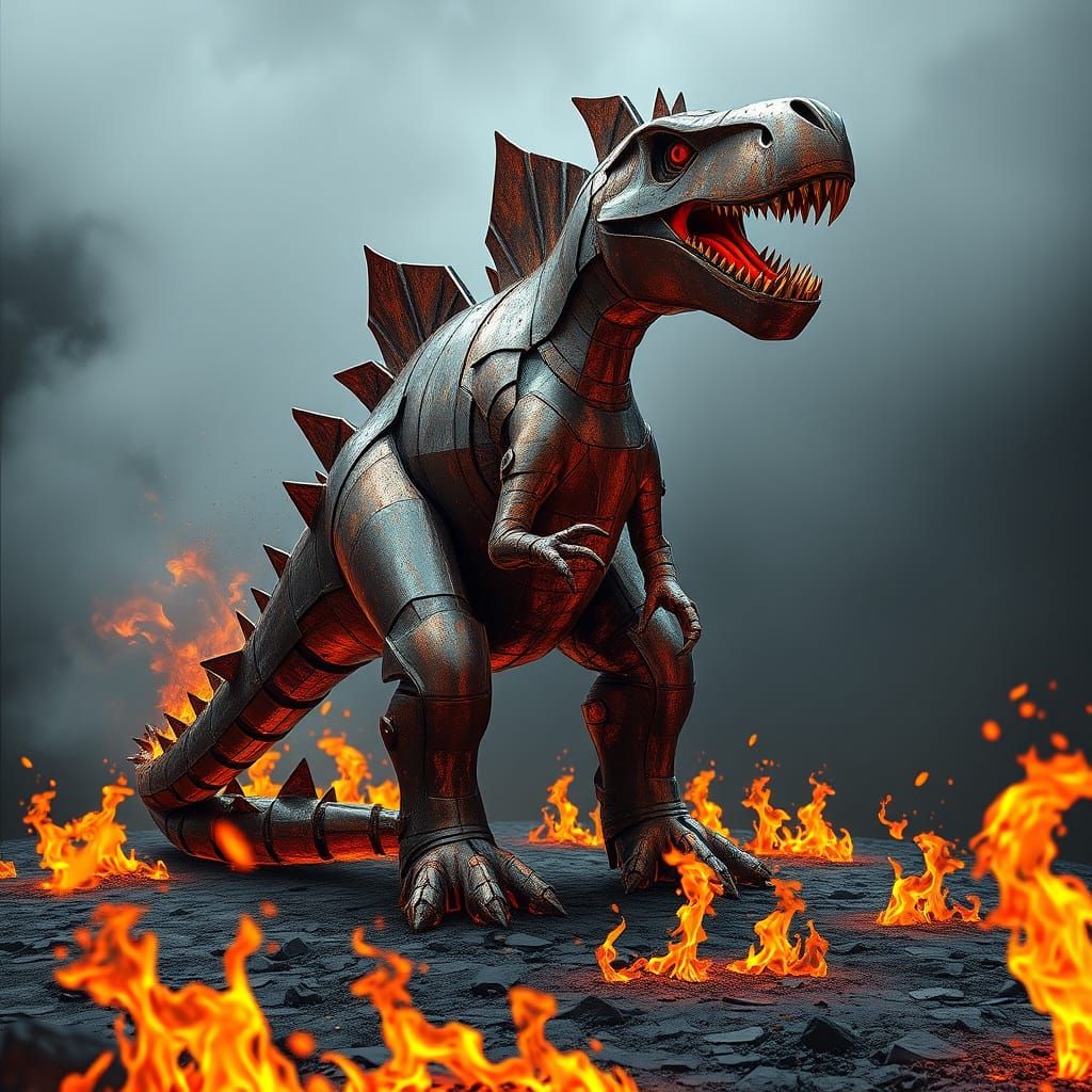 Towering Metal Dinosaur Sculpture in Fiery Flames