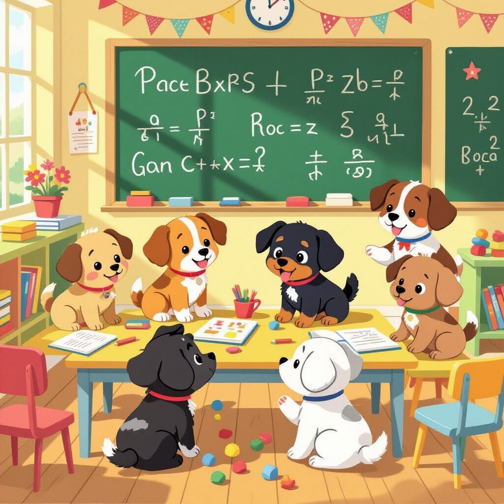 Puppies Learning in Whimsical Classroom Scene