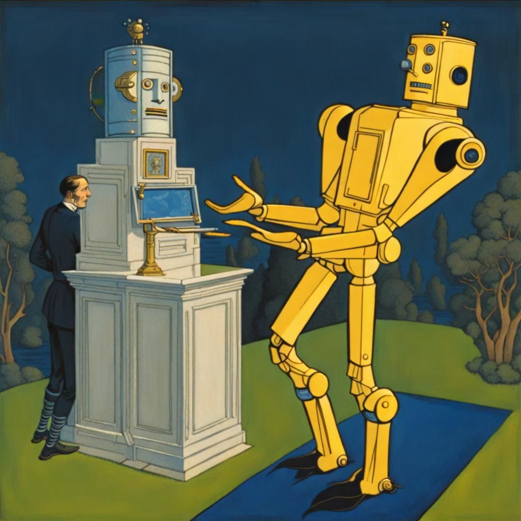 Robot Butler Roaring, Surrealist Fairy-Tale Illustration