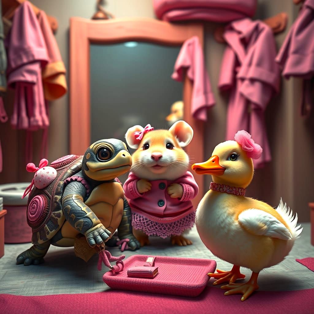 Whimsical Pets in Pink Attire, Fantasy Concept Art