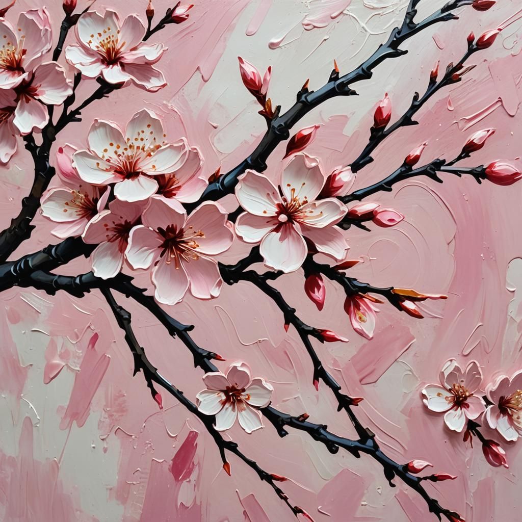 Cherry Blossom Impasto Painting in Ukiyo-e Style