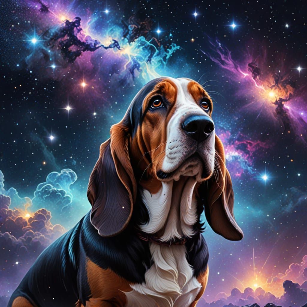 Basset Hound as Cosmic Being in Starry Expanse