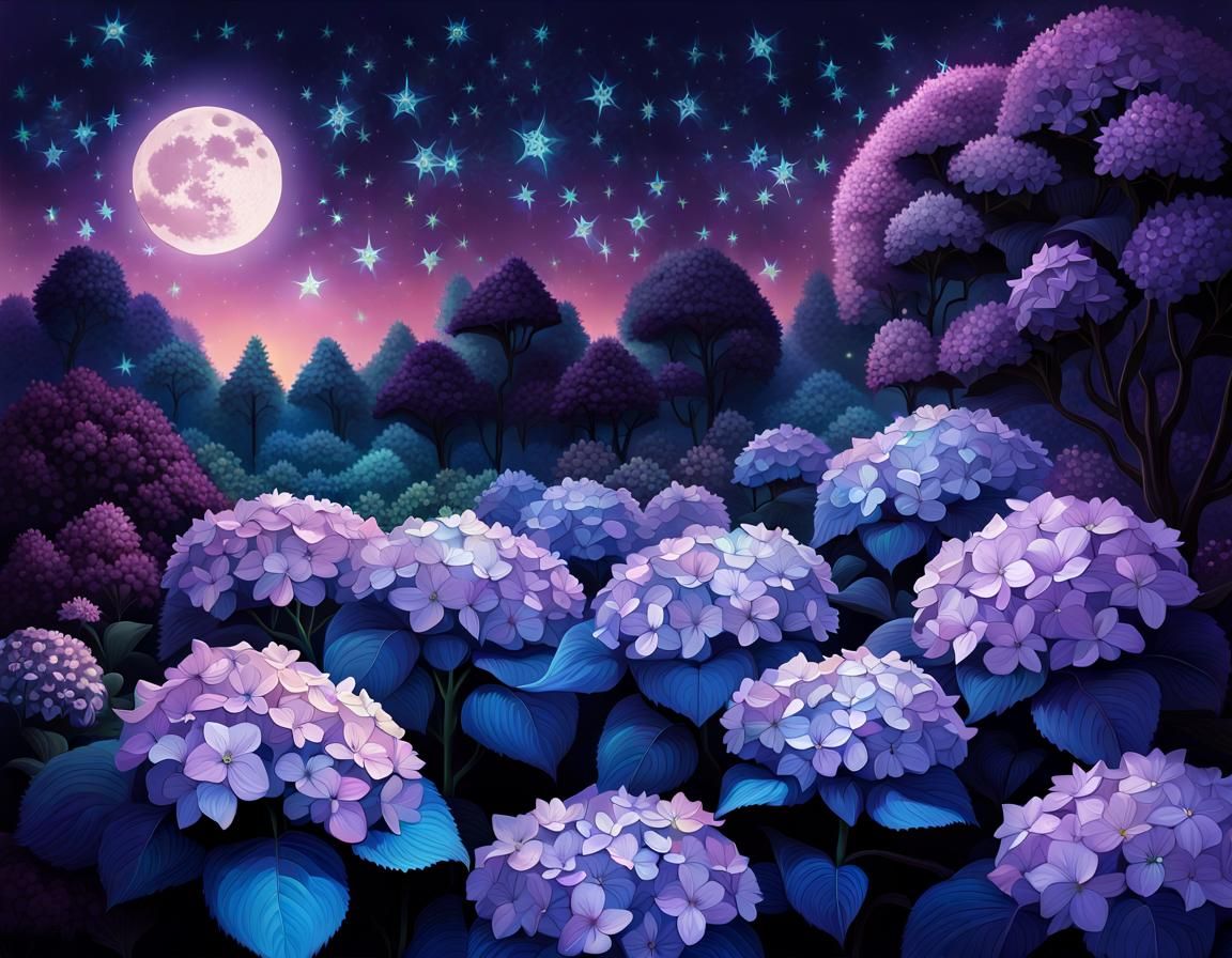 Lilac hydrangeas in a magical garden at night